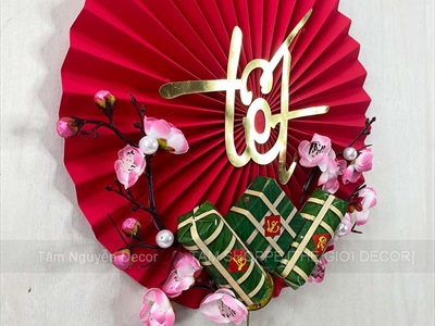 Vòng treo cửa Tết Quạt giấy nhung Đỏ Tết bánh chưng xanh [3 kiểu - Nhẹ] N30cm VTC-T-47